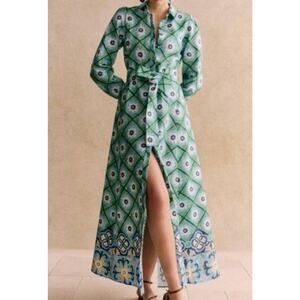 SEZANE x Momoni 42 10 Green Blue Print Maxi Shirt Dress Belladonna Linen Cotton